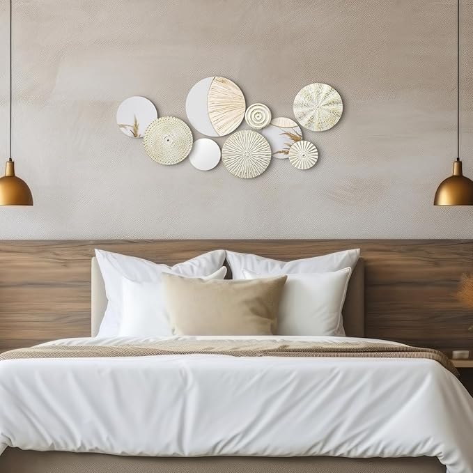 Blulu 9 Pcs White & Gold Mirror Wall Décor – Round Metal Accent Mirrors & Plates, Modern Home Art Sculpture for Living Room, Bedroom, Office