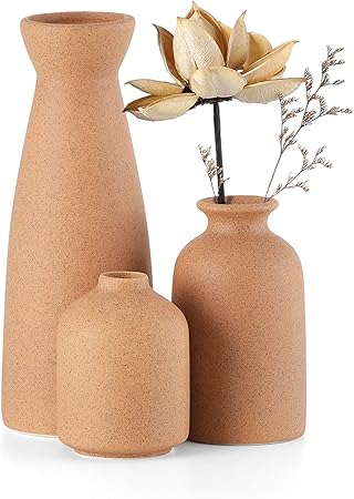 CEMABT Beige Ceramic Vase Set of 3 – Boho Farmhouse Small Decorative Vases for Dried Flowers & Pampas Grass