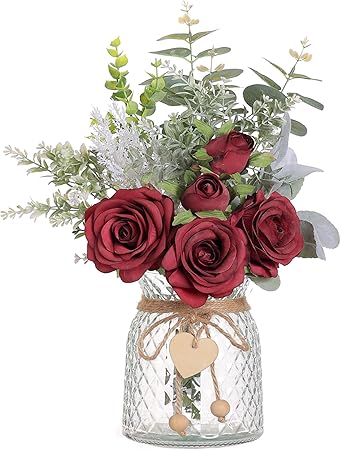 VIERENA Faux Flowers with Vase – White Artificial Silk Roses &amp; Eucalyptus Arrangement in Glass Vase with Heart Pendant, Rustic Farmhouse Home Décor Centerpiece