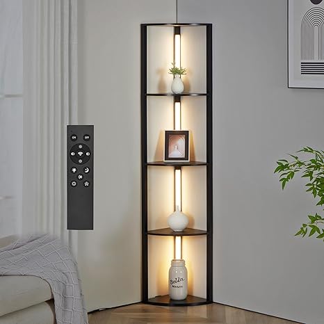 TUXOIUBA LED Corner Floor Lamp with 5-Tier Display Shelves – Modern Dimmable Storage Lamp (162cm, Black)