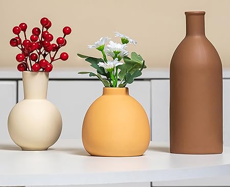 VASETOPIA Ceramic Flower Vase Set of 3 – Modern Boho Farmhouse Style (Grey/Black/Brown)