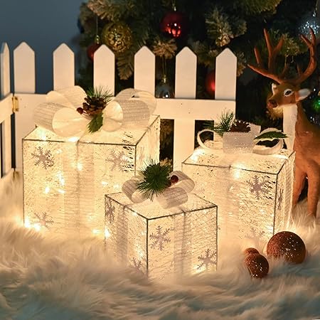 Christmas Lighted Gift Boxes Set of 3 – White Mesh Star Design, 60 LED Light-Up Present Boxes with 8 Flashing Modes, Indoor Outdoor Xmas Decorations by FYKEY
