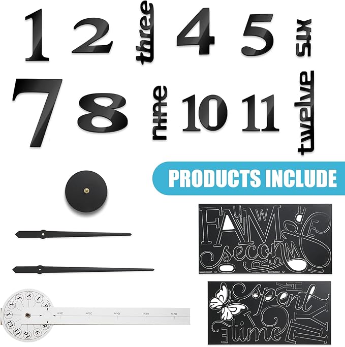Junkin 3D Large Frameless DIY Wall Clock – Modern Family Quote Sticker Clock Kit (Adjustable Size, Black)