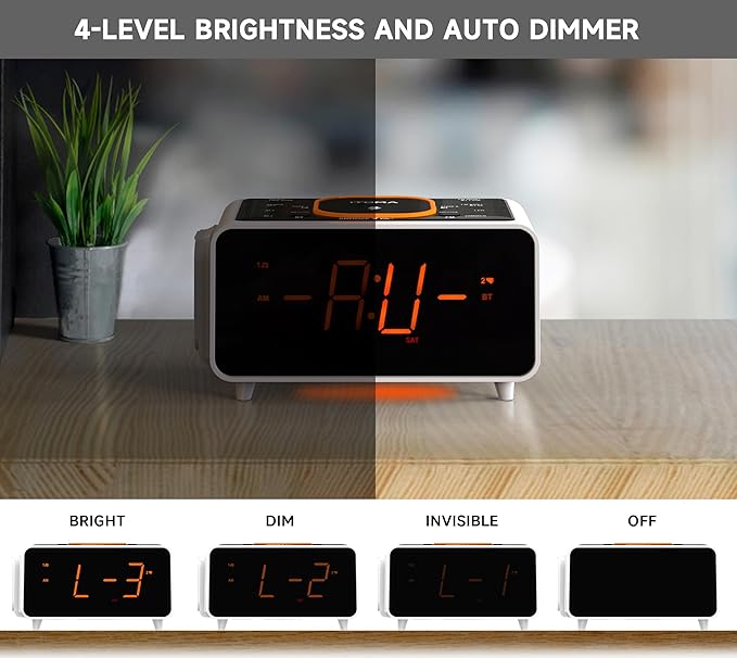 iTOMA CKS209 Dual Wireless Charging Alarm Clock Radio with Bluetooth Speaker, FM Radio, Dual Alarm, USB &amp; Type-C Charging, Snooze, Night Light &amp; Orange LED Display