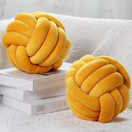 Namalu 2 Pcs Soft Knot Pillow Ball – 8” Light Yellow Plush Decorative Throw Pillows, Handmade Knotted Cushions for Couch, Bed &amp; Home Decor