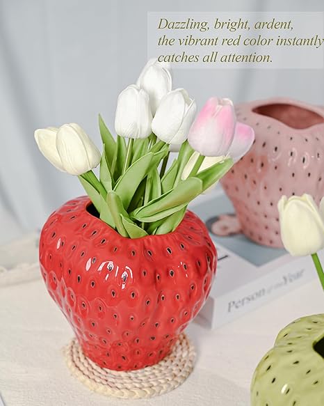 Red Strawberry Ceramic Vase – Cute 3D Fruit Home Décor Accent