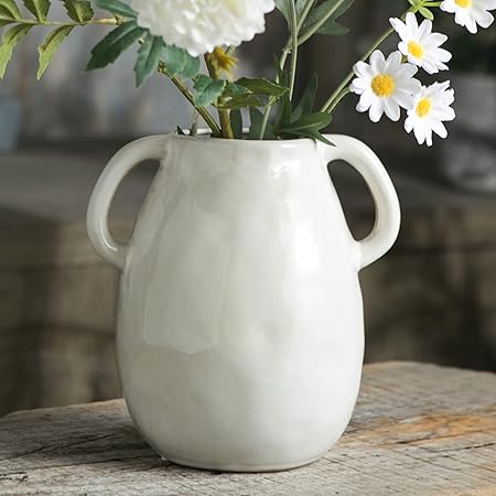 Tanvecle Blue Ceramic Vase with Handles – Rustic Farmhouse Pottery Flower Vase for Home, Dining Table &amp; Centerpieces | 7-Inch Decorative Terracotta-Style Vase
