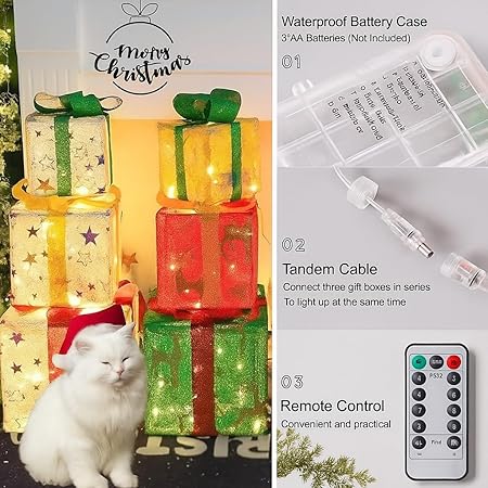 Christmas Lighted Gift Boxes Set of 3 – White Mesh Star Design, 60 LED Light-Up Present Boxes with 8 Flashing Modes, Indoor Outdoor Xmas Decorations by FYKEY