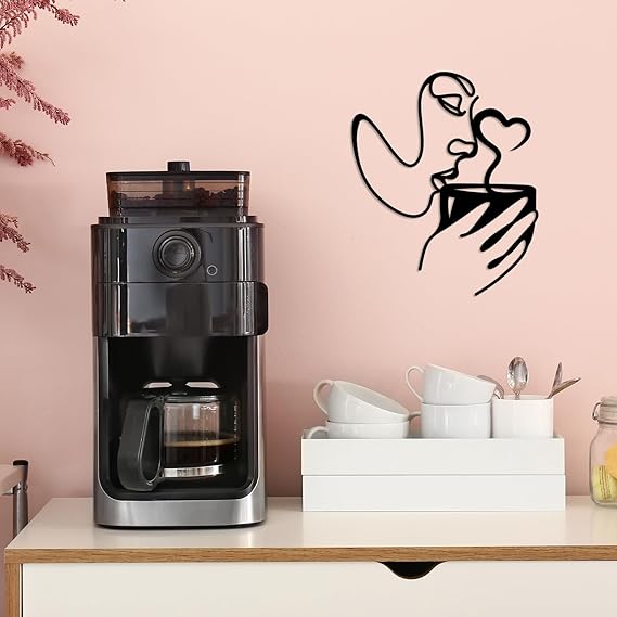 3D Black Metal Wall Art – Woman Drinking Coffee Sculpture, Minimalist Coffee Bar & Kitchen Wall Decor for Home, Living Room, or Office