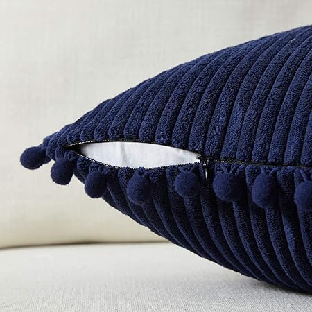 Fancy Homi 2-Pack Corduroy Pillow Covers with Pom-Poms – 18x18 Decorative Cushion Cases
