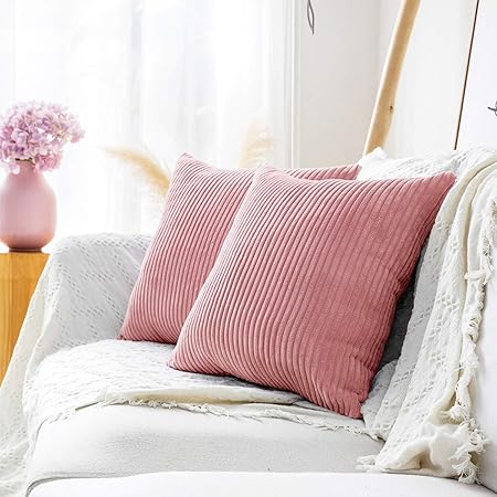 MUDILY Pack of 2 Pink Velvet Corduroy Pillow Covers – Soft Decorative Cushion Cases 18x18 Inch (45x45cm), Fluffy Square Throw Pillow Covers for Sofa, Bed, Car &amp; Living Room Décor