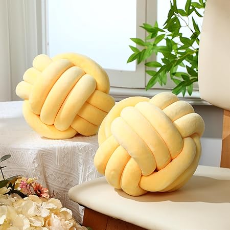 Namalu 2 Pcs Soft Knot Pillow Ball – 8” Light Yellow Plush Decorative Throw Pillows, Handmade Knotted Cushions for Couch, Bed &amp; Home Decor
