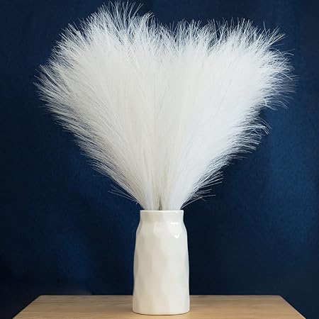 EVODIS Faux Pampas Grass 18” (45cm) – 6 Stems Fluffy Artificial Pampas for Home & Wedding Décor, Boho Chic Vase Filler (White)