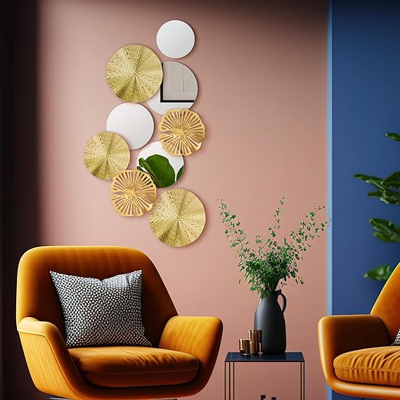 Hicarer 9 Pcs Metal Wall Art & Decorative Circle Plates Mirror – Modern Round Accent Sculpture for Living Room, Bedroom, Kitchen, Office (Metallic Finish)