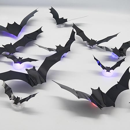 3D Bat Design LED Decoration – Halloween Light-Up Wall Bats (12 Pcs)