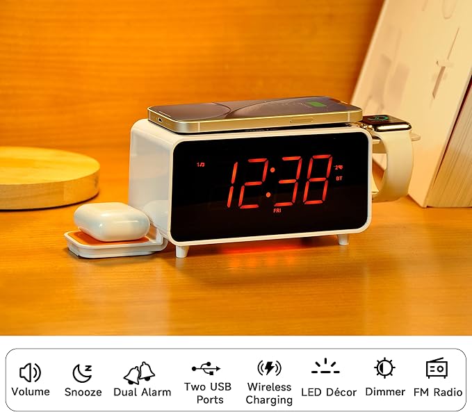 iTOMA CKS209 Dual Wireless Charging Alarm Clock Radio with Bluetooth Speaker, FM Radio, Dual Alarm, USB &amp; Type-C Charging, Snooze, Night Light &amp; Orange LED Display