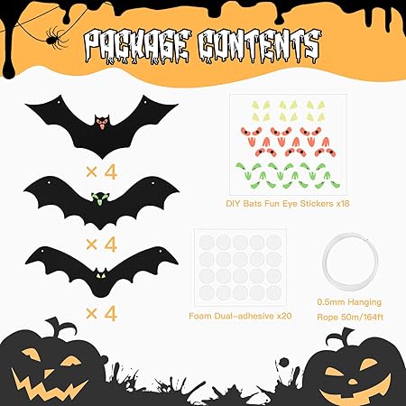 Oolong 12-Pack 3D Hanging Bats Halloween Decorations – Waterproof Flying Bats with Glowing Eyes for Outdoor &amp; Indoor Spooky Decor (3 Styles)