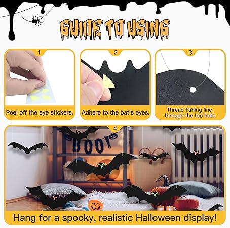 Oolong 12-Pack 3D Hanging Bats Halloween Decorations – Waterproof Flying Bats with Glowing Eyes for Outdoor &amp; Indoor Spooky Decor (3 Styles)
