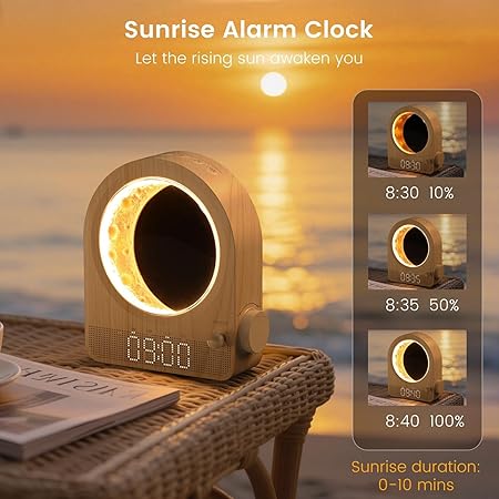 Sunrise Alarm Clock with White Noise & Meteor Moonlight – Dual Alarms, 10 Sounds, Snooze &amp; Timer