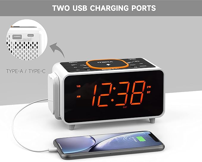iTOMA CKS209 Dual Wireless Charging Alarm Clock Radio with Bluetooth Speaker, FM Radio, Dual Alarm, USB &amp; Type-C Charging, Snooze, Night Light &amp; Orange LED Display