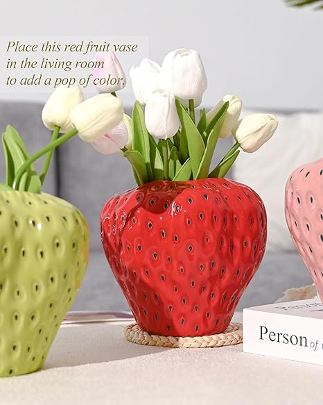 Red Strawberry Ceramic Vase – Cute 3D Fruit Home Décor Accent