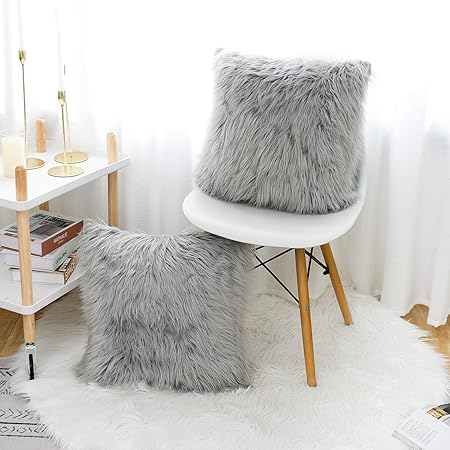 WLNUI Decorative Light Gray Fluffy Pillow Covers – Set of 2 Luxury Merino-Style Faux Fur Cushion Covers, Soft Velvet Back, 16x16 Inch Modern Throw Pillowcases for Sofa, Bed &amp; Living Room