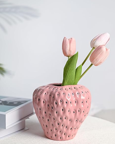 Red Strawberry Ceramic Vase – Cute 3D Fruit Home Décor Accent