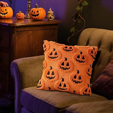 Halloween Pumpkin Pillow Covers – Set of 2 (18x18 Inch) | Retro Orange Decorative Cushion Covers for Couch, Sofa, Porch &amp; Living Room | Cozy Fabric Fall Home Décor