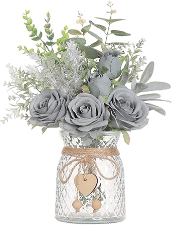 VIERENA Faux Flowers with Vase – White Artificial Silk Roses &amp; Eucalyptus Arrangement in Glass Vase with Heart Pendant, Rustic Farmhouse Home Décor Centerpiece