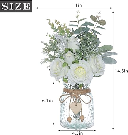 VIERENA Faux Flowers with Vase – White Artificial Silk Roses &amp; Eucalyptus Arrangement in Glass Vase with Heart Pendant, Rustic Farmhouse Home Décor Centerpiece