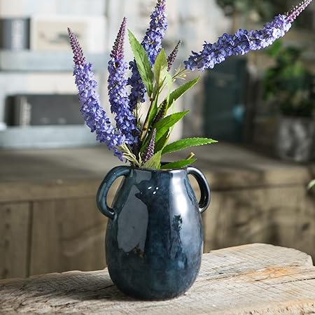 Tanvecle Blue Ceramic Vase with Handles – Rustic Farmhouse Pottery Flower Vase for Home, Dining Table &amp; Centerpieces | 7-Inch Decorative Terracotta-Style Vase