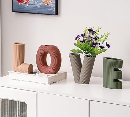 VASETOPIA Creative Ceramic Vase Set of 4 – LOVE Letters Design (Green/Brown/Burgundy/Khaki)