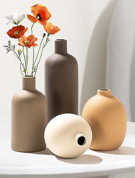 VASETOPIA Ceramic Flower Vase Set of 3 – Modern Boho Farmhouse Style (Grey/Black/Brown)