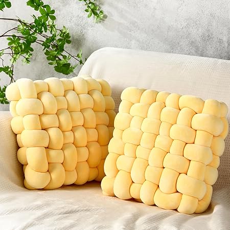 Wenqik 2 Pcs Knot Pillows – Soft Crystal Velvet Throw Pillows, Goose Yellow Decorative Accent Cushions for Couch, Bed, Sofa &amp; Living Room Decor (12” x 13”)