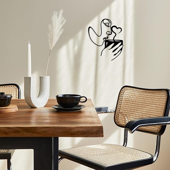 3D Black Metal Wall Art – Woman Drinking Coffee Sculpture, Minimalist Coffee Bar & Kitchen Wall Decor for Home, Living Room, or Office