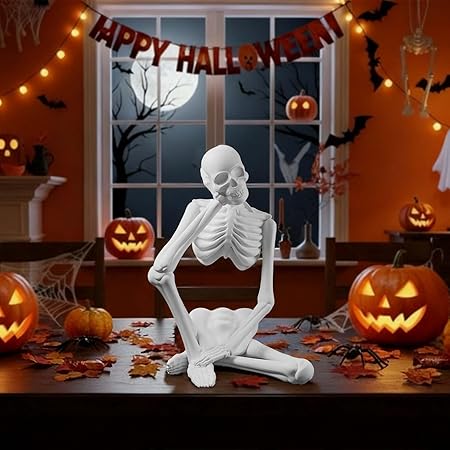 Thinker Skeleton Statue Decor – Abstract Resin Figurine, White Skull Sculpture for Home, Office, Bookshelf &amp; Halloween Decoration by Loyzcy