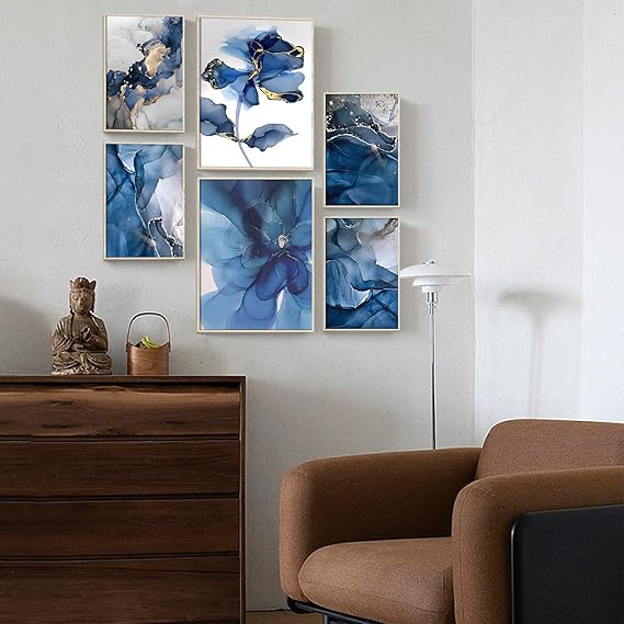 HONEYBABY Blue Floral Canvas Wall Art – Set of 6 Modern Framed Pictures for Living Room, Bedroom, Bathroom, Kitchen &amp; Office Décor