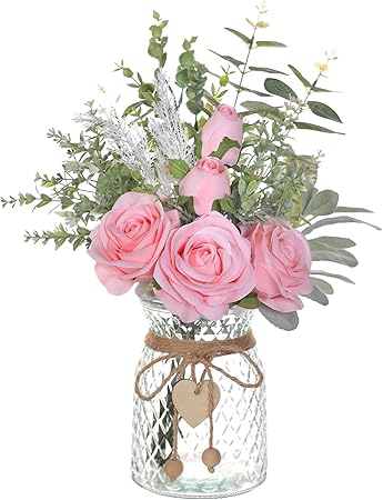 VIERENA Faux Flowers with Vase – White Artificial Silk Roses &amp; Eucalyptus Arrangement in Glass Vase with Heart Pendant, Rustic Farmhouse Home Décor Centerpiece