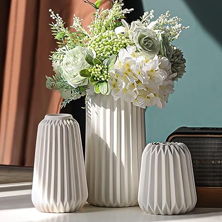 White Ceramic Vase Set of 3 – Boho Nordic Minimalist Decorative Vases for Modern Home, Office, Living Room, or Table Centerpieces by Kogxscej