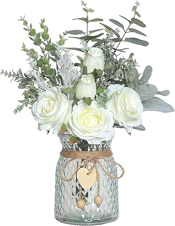 VIERENA Faux Flowers with Vase – White Artificial Silk Roses &amp; Eucalyptus Arrangement in Glass Vase with Heart Pendant, Rustic Farmhouse Home Décor Centerpiece
