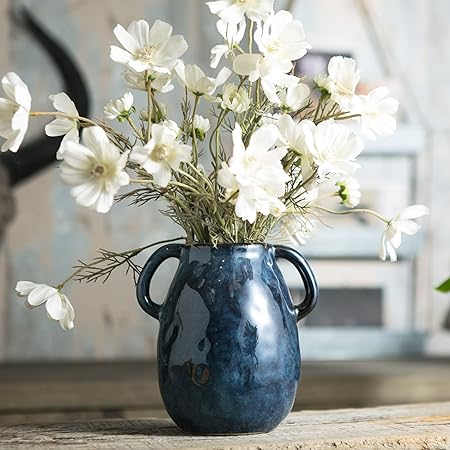 Tanvecle Blue Ceramic Vase with Handles – Rustic Farmhouse Pottery Flower Vase for Home, Dining Table &amp; Centerpieces | 7-Inch Decorative Terracotta-Style Vase