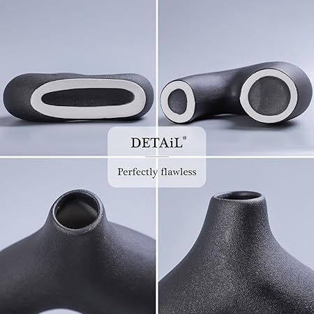 CEMABT Black Ceramic Donut Vase Set of 2 – Modern Matte Round Vases for Pampas Grass | Minimalist Boho Decorative Vases for Living Room, Dining Table &amp; Wedding Décor