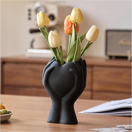 VUZDVJO Heart Hands Love Small White Ceramic Vase – Unique Modern Flower Vase for Tulips, Roses &amp; Pampas Grass | Elegant Table, Shelf &amp; Mantle Décor | Perfect Gift for Mom or Wife