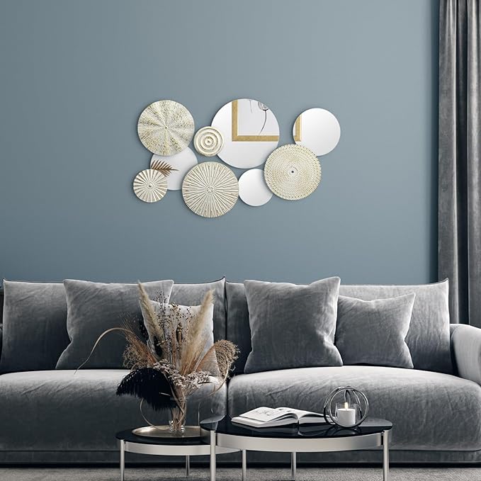 Blulu 9 Pcs White & Gold Mirror Wall Décor – Round Metal Accent Mirrors & Plates, Modern Home Art Sculpture for Living Room, Bedroom, Office