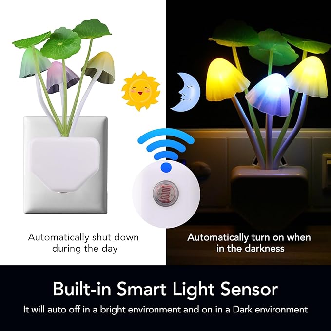 Sensor LED Mushroom Night Light – Color Changing Plug-in Dream Bed Lamp for Bedroom, Kids Room, Nursery, and Hallway