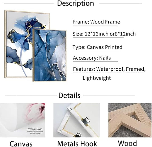 HONEYBABY Blue Floral Canvas Wall Art – Set of 6 Modern Framed Pictures for Living Room, Bedroom, Bathroom, Kitchen &amp; Office Décor