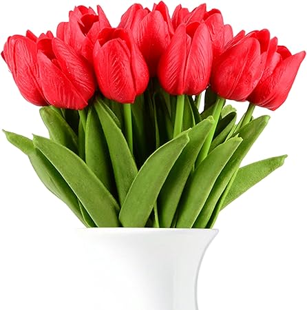 HoveBeaty Artificial Tulips Bouquet – Real Touch White PU Flowers (Pack of 20)