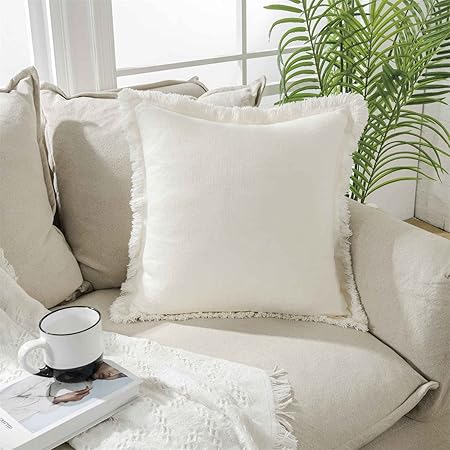 ATLINIA Linen Throw Pillow Cover 18x18 Inch – Boho Fringe Cushion Cover for Couch, Bed & Outdoor Decor, Cream Farmhouse Style (Pillowcase Only)