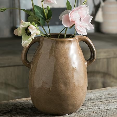 Tanvecle Blue Ceramic Vase with Handles – Rustic Farmhouse Pottery Flower Vase for Home, Dining Table &amp; Centerpieces | 7-Inch Decorative Terracotta-Style Vase