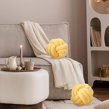 Namalu 2 Pcs Soft Knot Pillow Ball – 8” Light Yellow Plush Decorative Throw Pillows, Handmade Knotted Cushions for Couch, Bed &amp; Home Decor